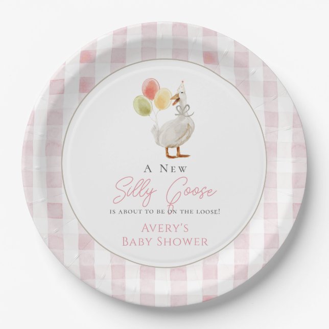 Plato De Papel Silly Goose Pink Gingham Baby Shower (Anverso)