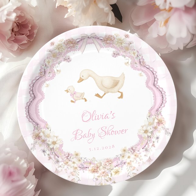Plato De Papel Silly Goose Pink Gingham Girl Baby Shower (Subido por el creador)