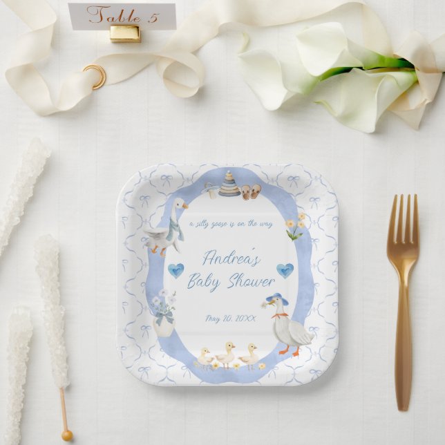 Plato De Papel Silly Goose Whimsical Bow Baby Boy Shower (Boda)