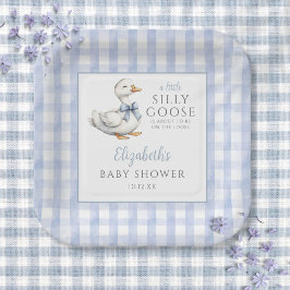 Plato De Papel Silly Little Goose Blue Gingham Baby Shower