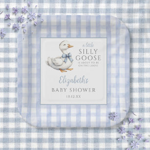 Plato De Papel Silly Little Goose Blue Gingham Baby Shower