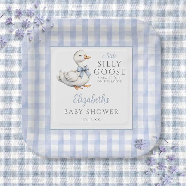 Plato De Papel Silly Little Goose Blue Gingham Baby Shower (Silly Little Goose Blue Gingham Baby Shower Paper Plates)