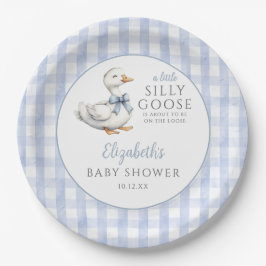 Plato De Papel Silly Little Goose Blue Gingham Baby Shower