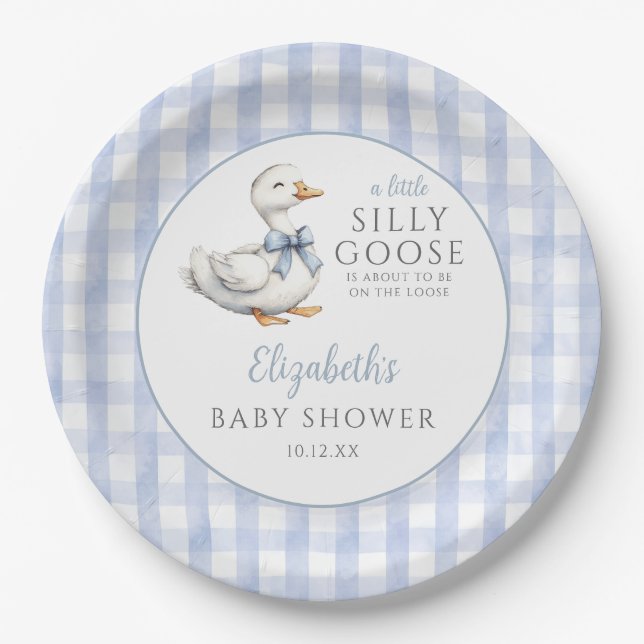 Plato De Papel Silly Little Goose Blue Gingham Baby Shower (Anverso)