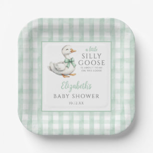 Plato De Papel Silly Little Goose Green Gingham Baby Shower