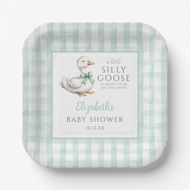 Plato De Papel Silly Little Goose Green Gingham Baby Shower (Anverso)