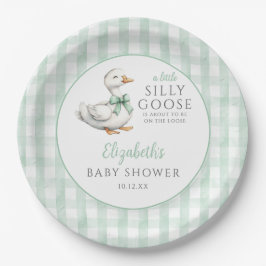 Plato De Papel Silly Little Goose Green Gingham Baby Shower