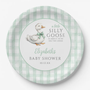 Plato De Papel Silly Little Goose Green Gingham Baby Shower
