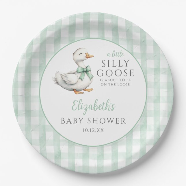 Plato De Papel Silly Little Goose Green Gingham Baby Shower (Anverso)