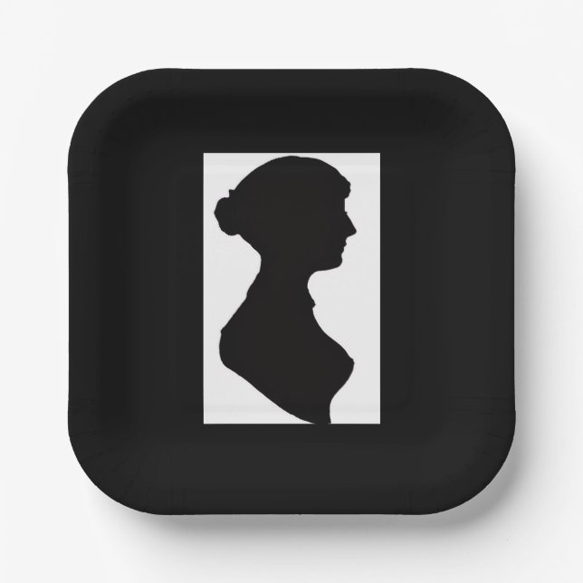 Plato De Papel Silueta de Jane Austen sobre negro (Anverso)