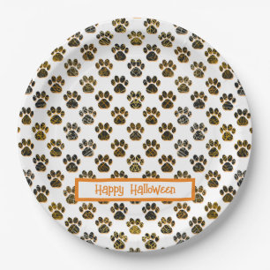 Plato De Papel Silueta de pata de animal Halloween Pawty Blanco