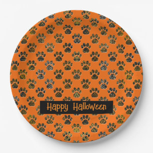 Plato De Papel Silueta de pata de animal Halloween Pawty Naranja