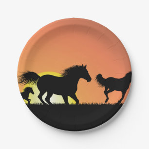 Plato De Papel Silueta del atardecer de caballos salvajes