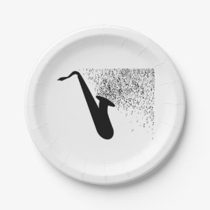 Plato De Papel Silueta del saxofón con las notas musicales