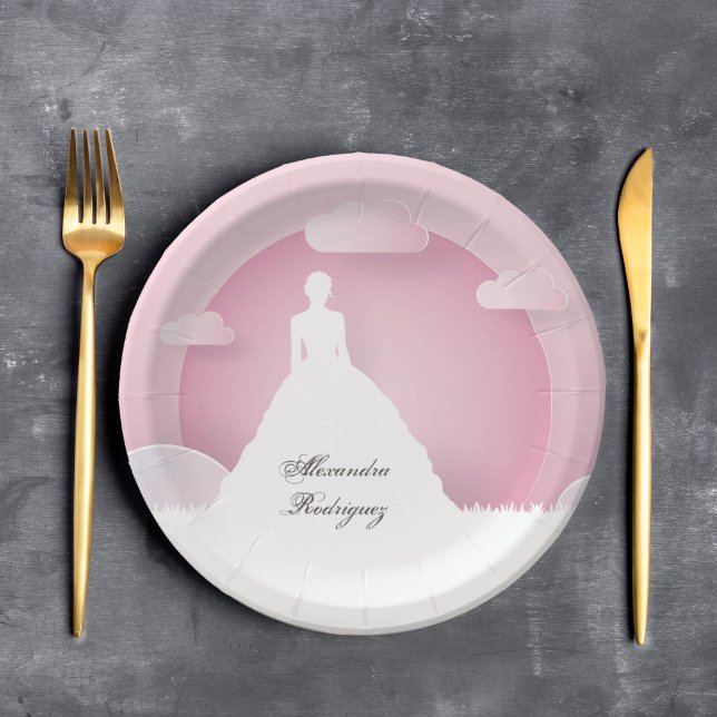 Plato De Papel Silueta rosa y blanca con quinceanera lunar (Subido por el creador)