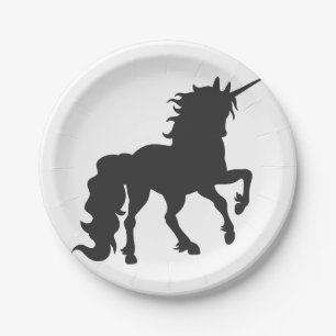 Plato De Papel Silueta unicornio - Elegir color de fondo