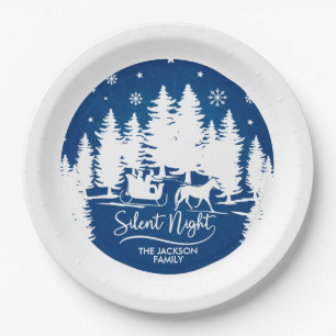 Plato De Papel Siluetas de pino con espesa de nieve en la noche s