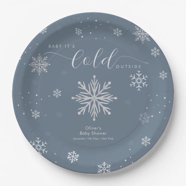Plato De Papel Silver Blue Magical Winter Snowflake Baby Shower  (Anverso)