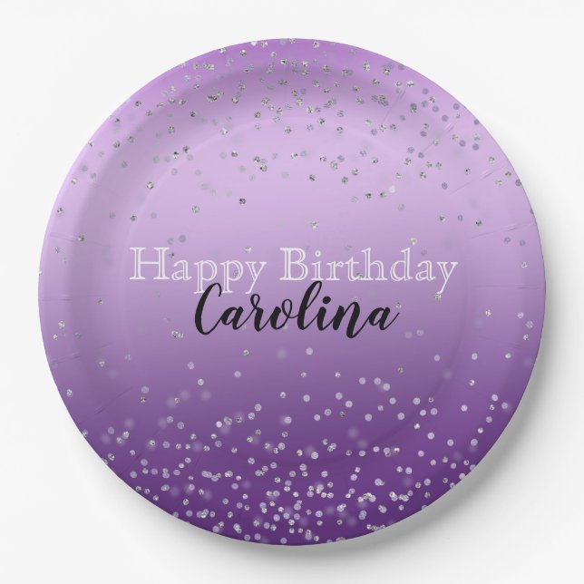 Plato De Papel Silver Confetti Purple Ombre (Anverso)
