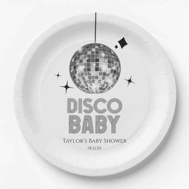 Plato De Papel Silver Disco Ball 'Disco Baby' Baby Shower (Anverso)