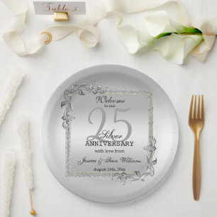 Plato De Papel Silver Gem y Purpurina 25º aniversario Boda