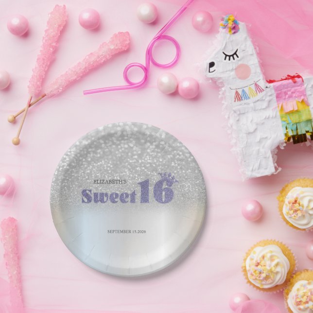 Plato De Papel Silver Glitter Bokeh Sweet 16 Crown (Fiesta)