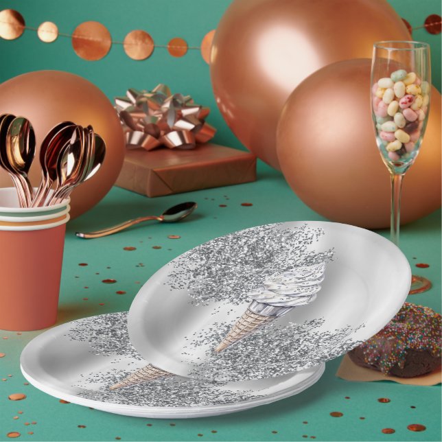 Plato De Papel Silver Glitter Vanilla Ice Cream Cone Birthday (Multi)