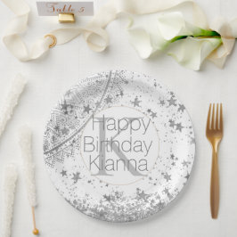 Plato De Papel Silver Lotus Mandala Stars Monograma Cumpleaños