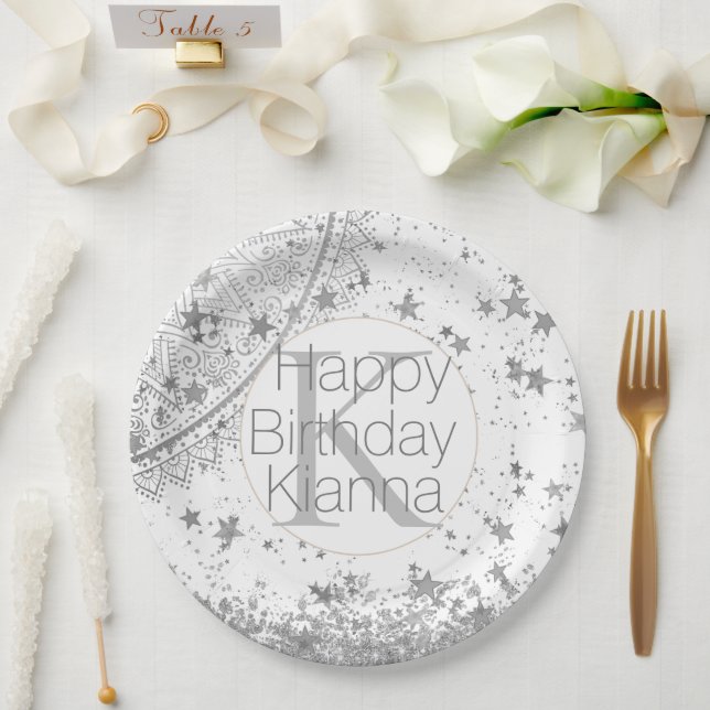 Plato De Papel Silver Lotus Mandala Stars Monograma Cumpleaños (Boda)
