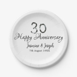 Plato De Papel Silver Metallic 30th Feliz aniversario añada nombr