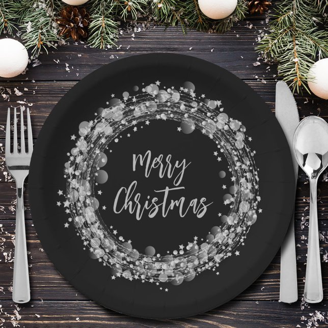 Plato De Papel Silver Stars Feliz Navidad (Silver Stars Merry Christmas on Black Paper Plates)
