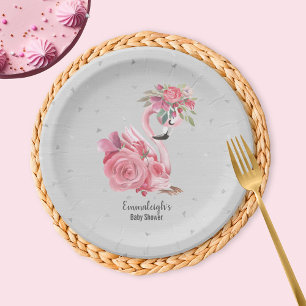 Plato De Papel Silver Watercolor Ballerina Flamingo Baby Shower