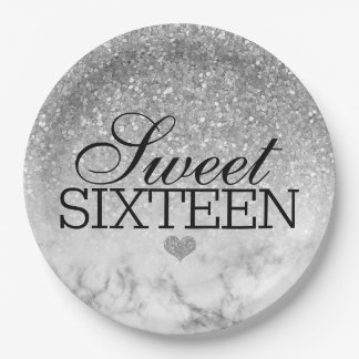 Plato De Papel Silvery Faux Purpurina/Marble Sweet 16