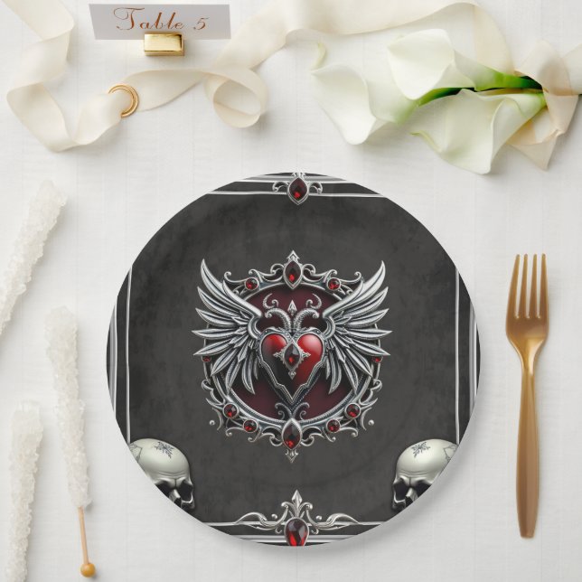 Plato De Papel Simbiosis gótica, corazón elegante y calaveras. (Boda)