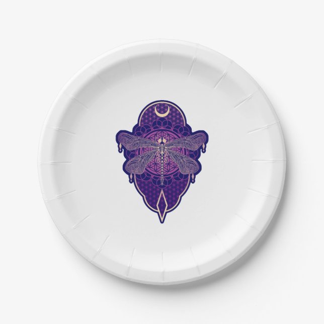 Plato De Papel Símbolo de flor de vida de la libélula geométrica  (Anverso)