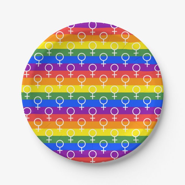 Plato De Papel Símbolo femenino patrón arco iris (Anverso)