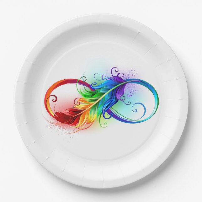 Plato De Papel Símbolo infinito con plumas arcoiris (Anverso)