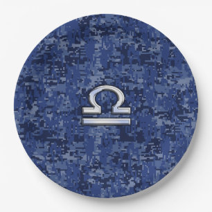 Plato De Papel Símbolo libra zodiaco en camo digital azul