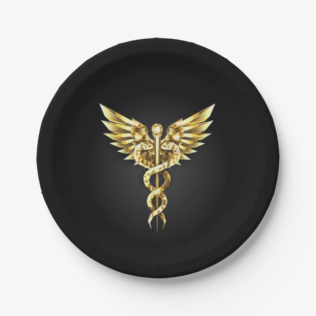 Plato De Papel Símbolo poligonal de oro Caduceus (Anverso)