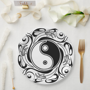 Plato De Papel Símbolo Yin & Yang estilo Tatuaje blanco y negro