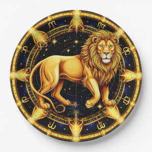 Plato De Papel Símbolo zodiacal de Leo sobre fondo celestial estr