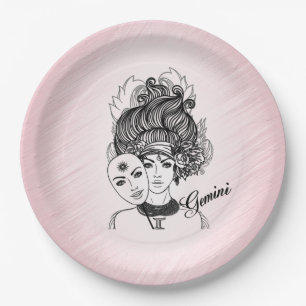Plato De Papel Símbolo zodiaco génito y rosa Rótulo