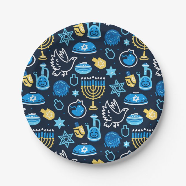 Plato De Papel Símbolos de Hanukkah Patrón azul (Anverso)