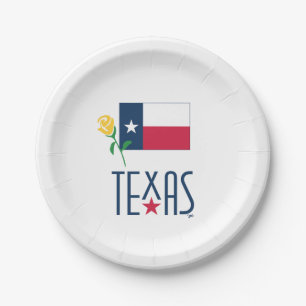 Plato De Papel Símbolos de Texas, Bandera de Texas y Rosa Amarill