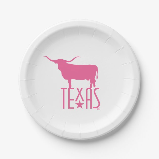 Plato De Papel Símbolos de Texas, Longhorn, rosa (Anverso)