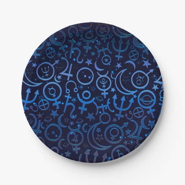 Plato De Papel Símbolos Planetarios Azules Universo Místico Plane (Anverso)