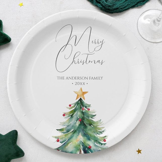 Plato De Papel Simple acuarela Árbol de Navidad Feliz Navidad (Subido por el creador)