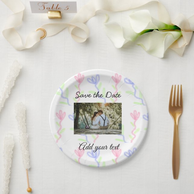 Plato De Papel Simple acuarela Flor azul rosa salva la fecha   (Boda)