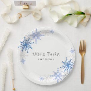 Plato De Papel Simple acuarela Snowflakes Winter Baby Shower