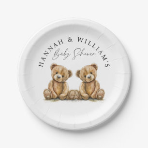 Plato De Papel Simple acuarela Teddy Bear Twins Baby Shower